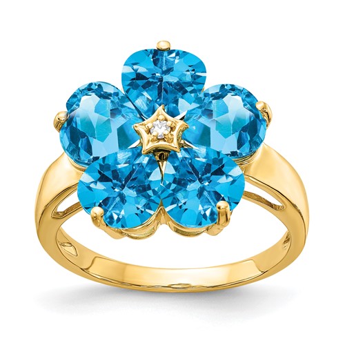 14K 6mm Yellow Gold Heart Blue Topaz and VS Diamond Flower Ring