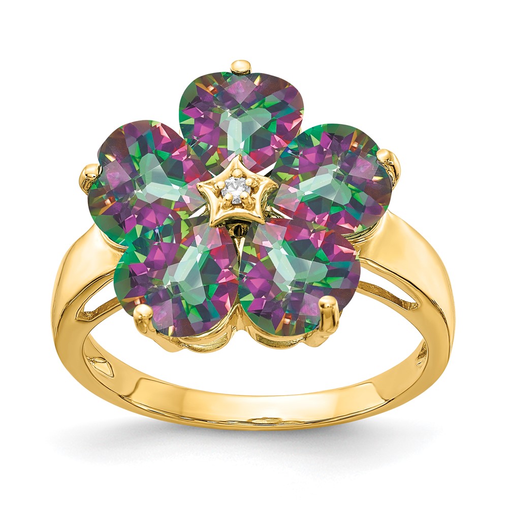 14K 6mm Yellow Gold Heart Mystic Fire Topaz and AA Diamond Flower Ring