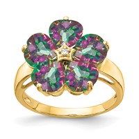 14K 6mm Yellow Gold Heart Mystic Fire Topaz and AA Diamond Flower Ring view 1