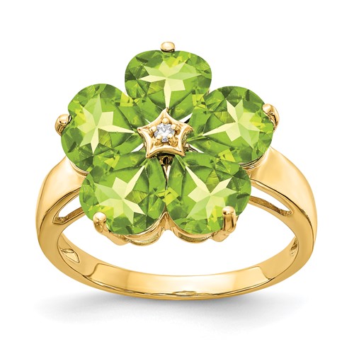 14K 6mm Yellow Gold Heart Peridot and AA Diamond Flower Ring