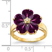 14K 6mm Yellow Gold Heart Rhodolite Garnet and VS Diamond Flower Ring view 2