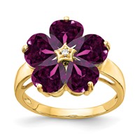 14K 6mm Yellow Gold Heart Rhodolite Garnet and VS Diamond Flower Ring view 1