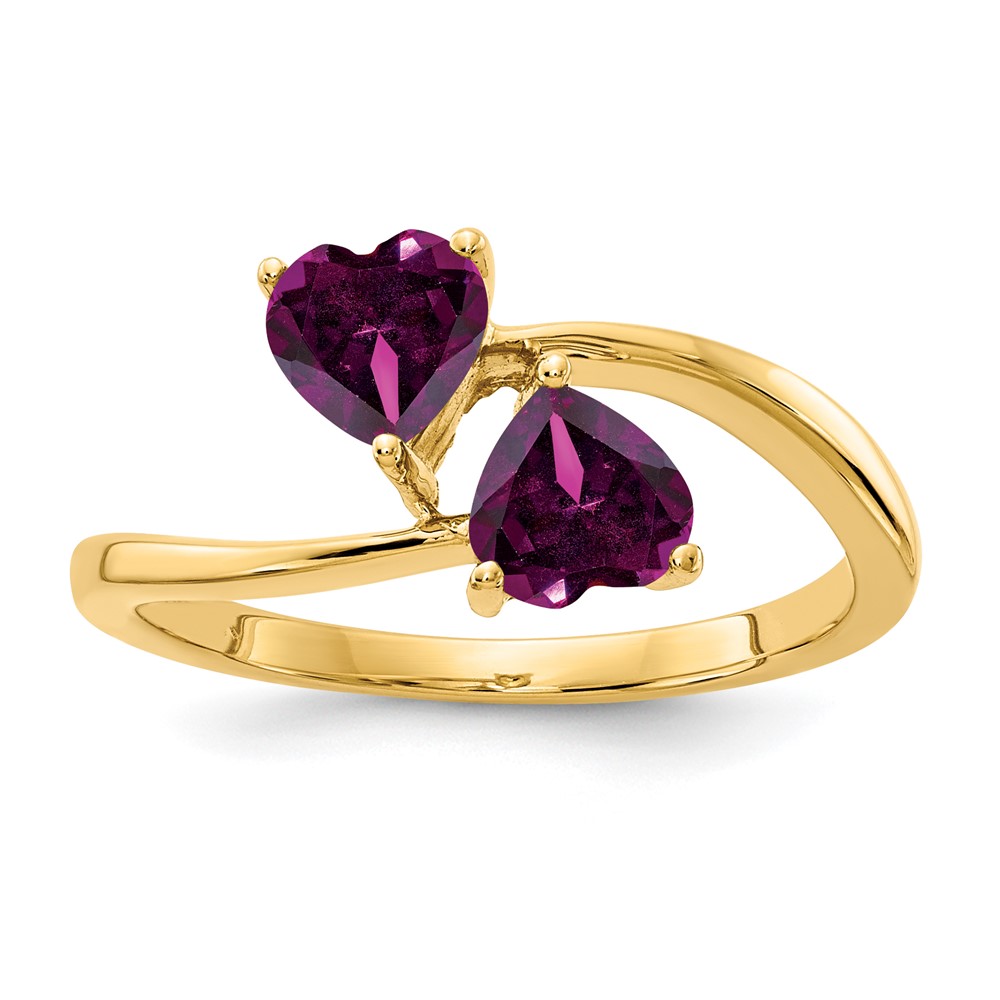 14K 5mm Yellow Gold Heart Rhodolite Garnet 2-Stone Ring