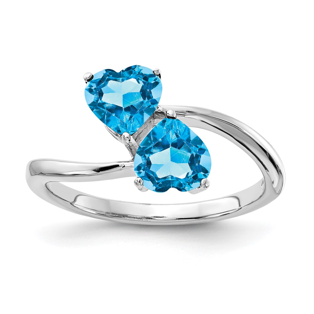 14K White Gold 5mm Heart Blue Topaz 2-Stone Ring
