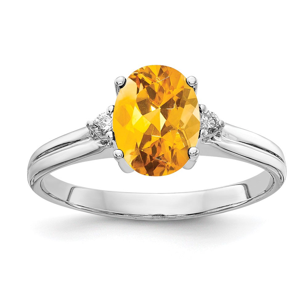 14K White Gold 8x 6mm Oval Citrine and 0.05 Carat AA Diamond Ring