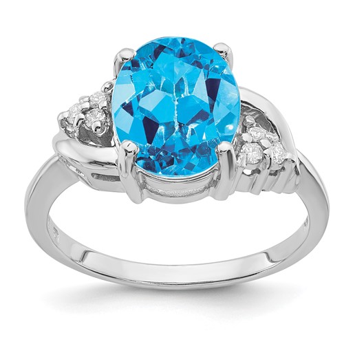 14K White Gold 10x 8mm Oval Blue Topaz and 1/15 Carat a Diamond Ring
