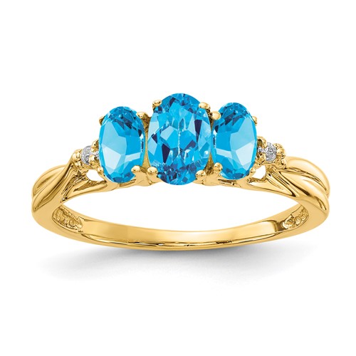 14K Yellow Gold 6x 4 5x 3mm Oval Blue Topaz and Diamond 3-Stone Ring