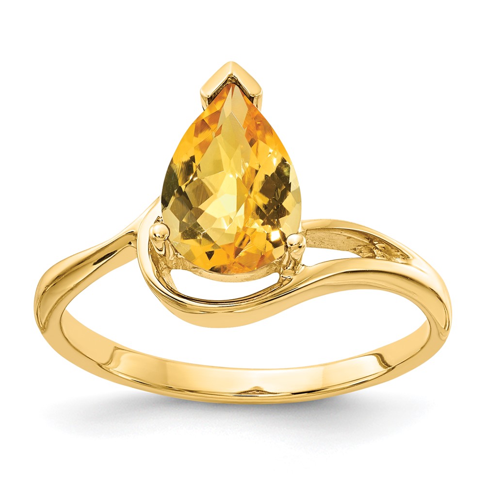 14K Yellow Gold 9x6mm Pear Checker-cut Citrine Ring