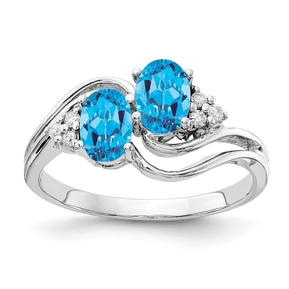 14K White Gold 6x 4mm Oval Blue Topaz and 0.05 Carat VS Diamond 2-Stone Ring