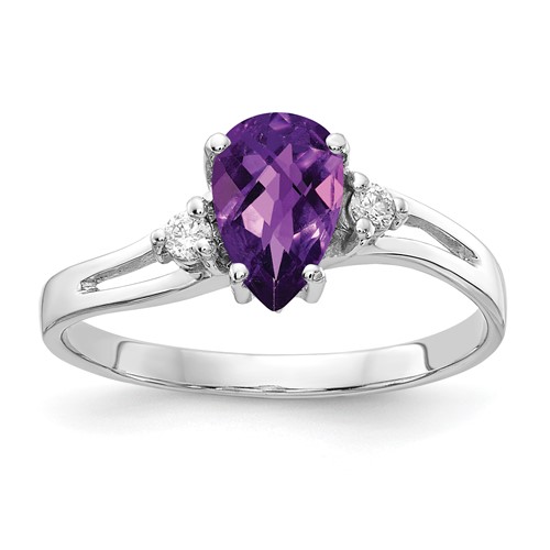 14K White Gold 7x 5mm Checker-cut Pear Amethyst and 1/20 Carat a Diamond Ring
