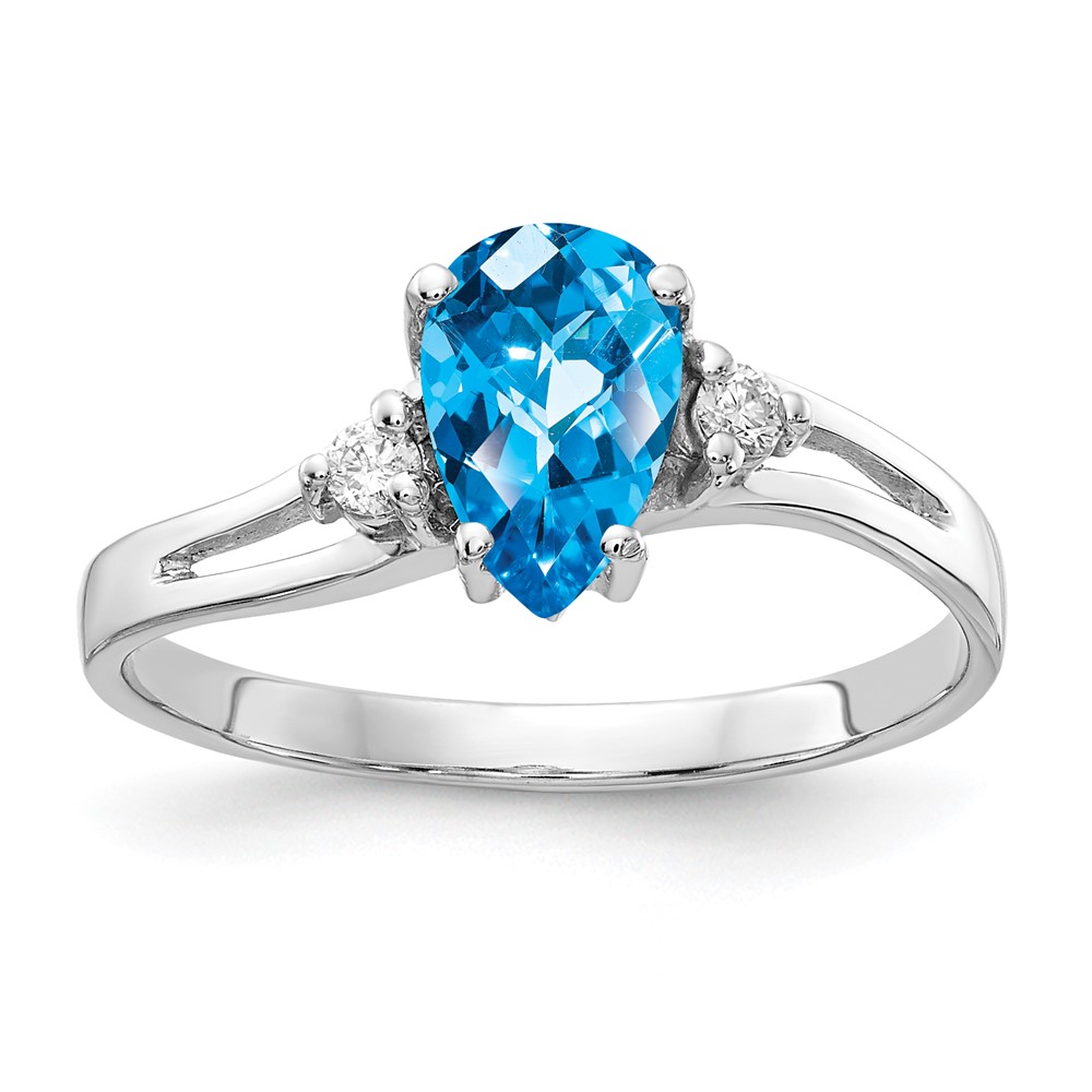 14K White Gold 7x 5mm Pear Blue Topaz Checker-cut and 0.05 Carat VS Diamond Ring