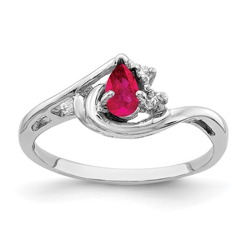 14K White Gold 5x 3mm Pear Ruby and AA Diamond Ring