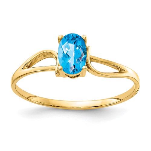 14K Yellow Gold 6x 4mm Oval Blue Topaz Checker-cut Ring