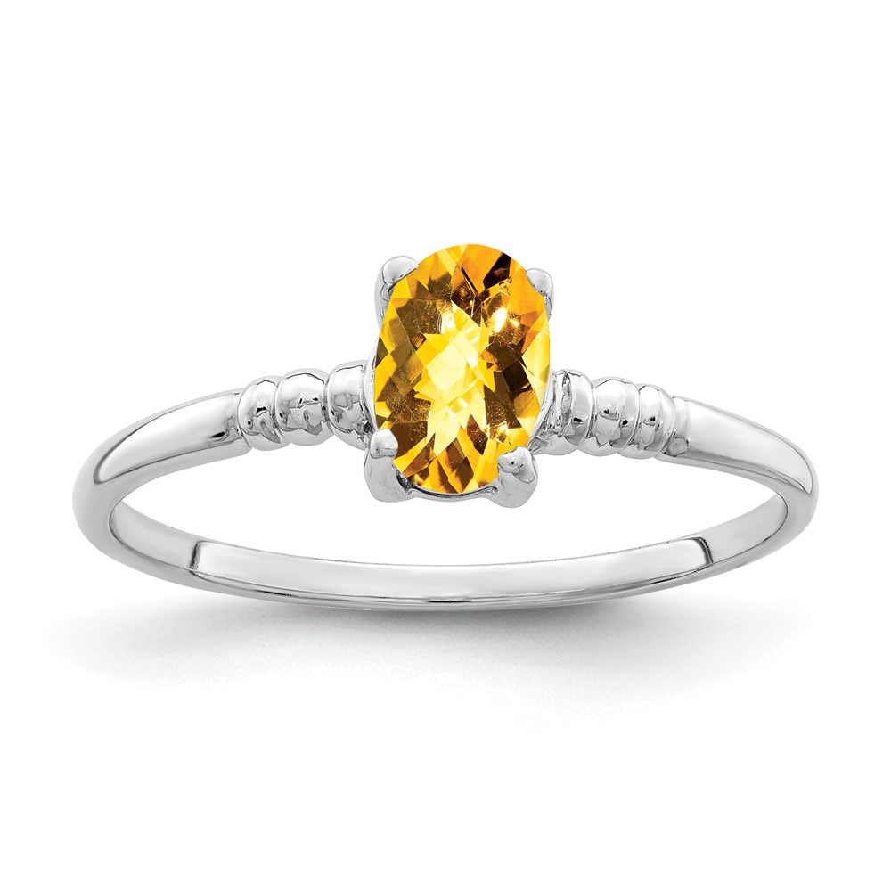 14K White Gold 6x4mm Oval Citrine Checker-cut Ring