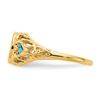 14K Yellow Gold 7x5mm Oval Blue Topaz Bezel Heart Filigree Ring view 3
