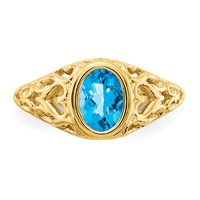14K Yellow Gold 7x5mm Oval Blue Topaz Bezel Heart Filigree Ring view 4