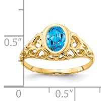 14K Yellow Gold 7x5mm Oval Blue Topaz Bezel Heart Filigree Ring view 5