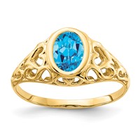 14K Yellow Gold 7x5mm Oval Blue Topaz Bezel Heart Filigree Ring view 1