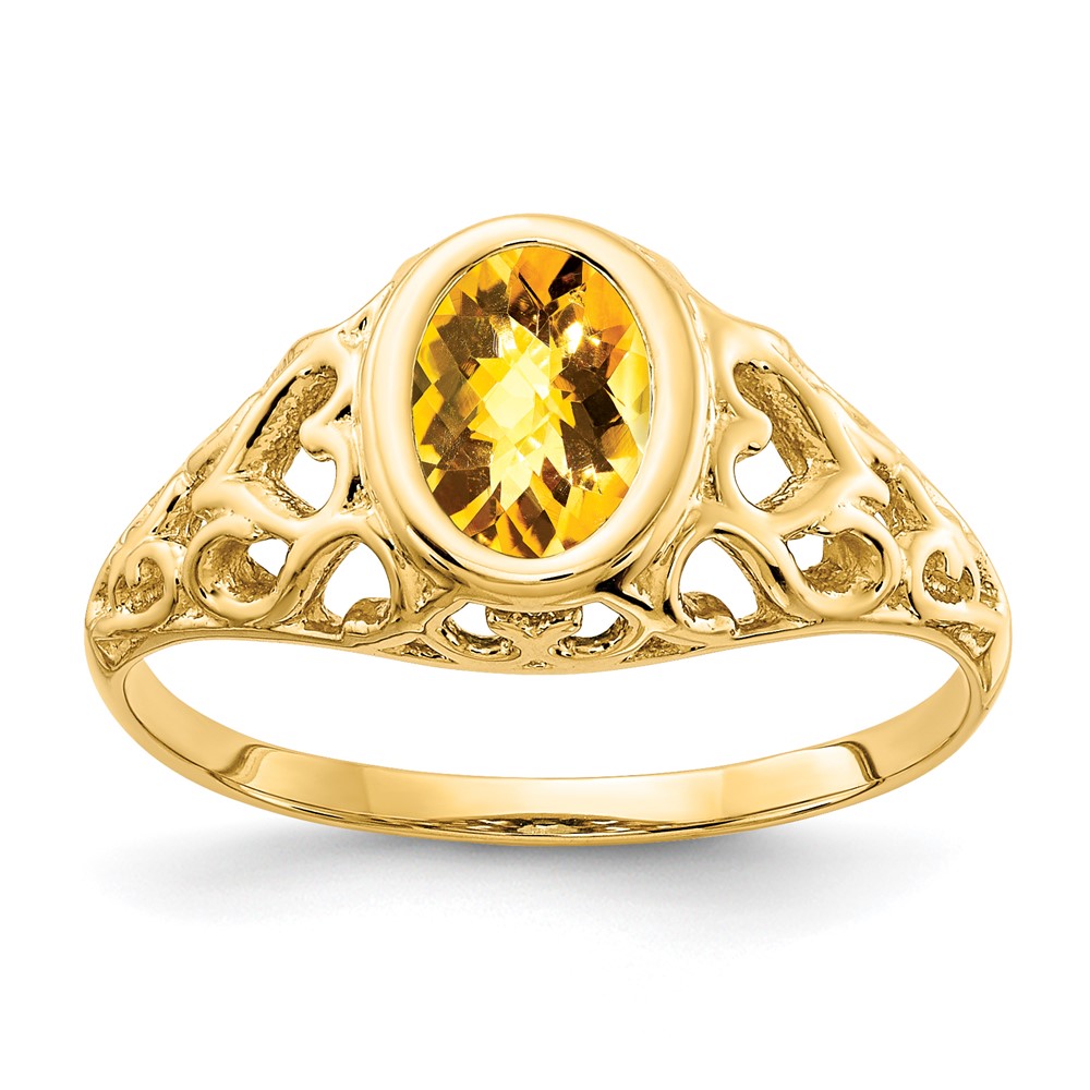 14K 7x5mm Oval Citrine Bezel Checker-cut Heart Filigree Ring