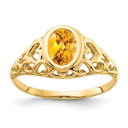 14K Yellow Gold 7x 5mm Oval Citrine Bezel Heart Filigree Ring