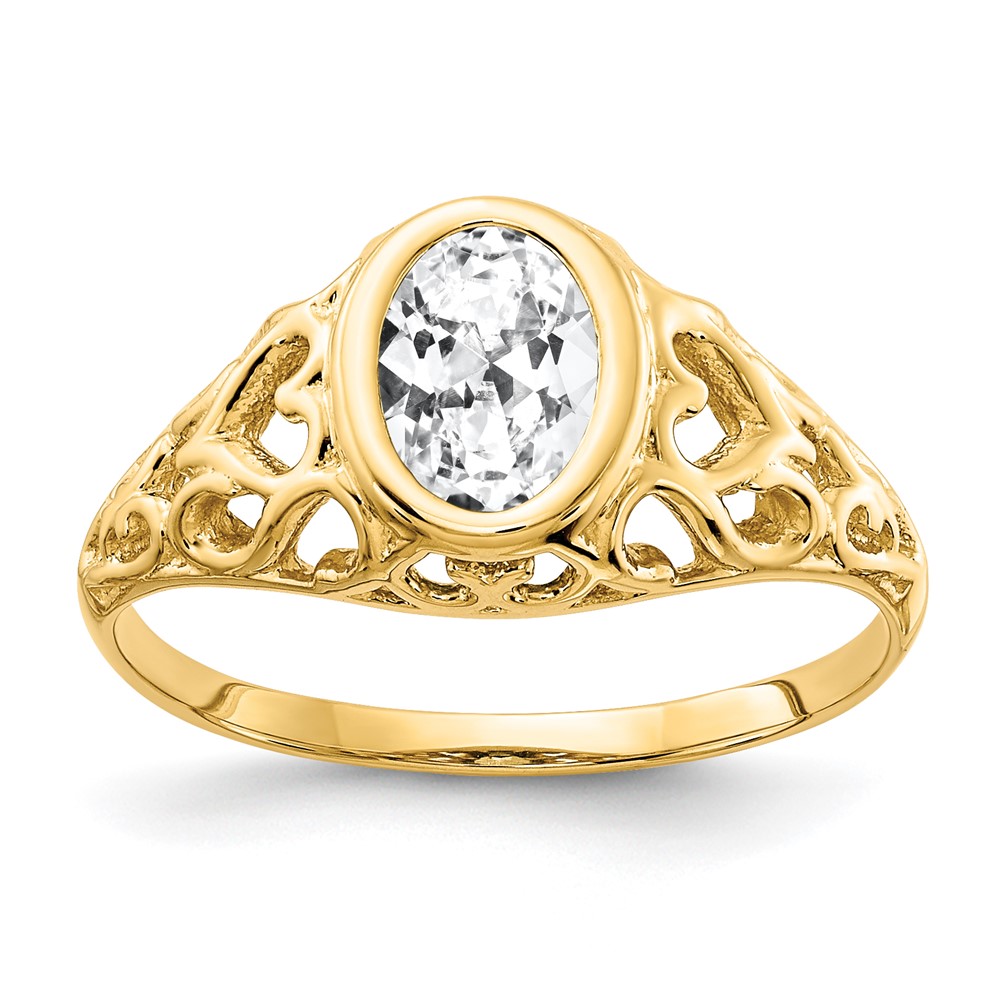 14K Yellow Gold 7x 5mm Oval Cubic Zirconia Bezel Heart Filigree Ring