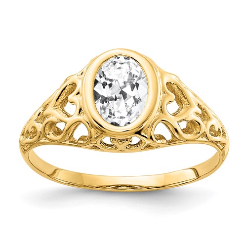 14K Yellow Gold 7x 5mm Oval Cubic Zirconia Bezel Heart Filigree Ring