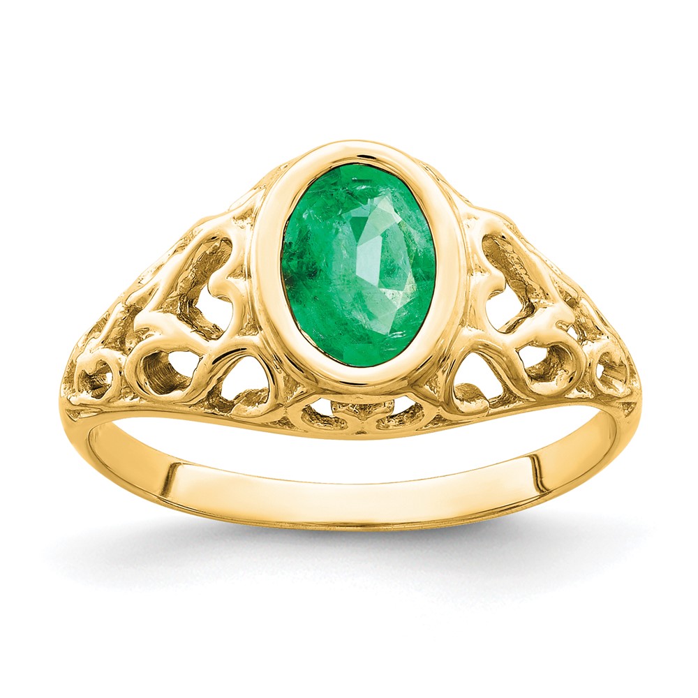 14K Yellow Gold 7x 5mm Oval Emerald Bezel Heart Filigree Ring