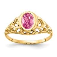 14K Yellow Gold 7x 5mm Oval Pink Tourmaline Bezel Heart Filigree Ring view 1