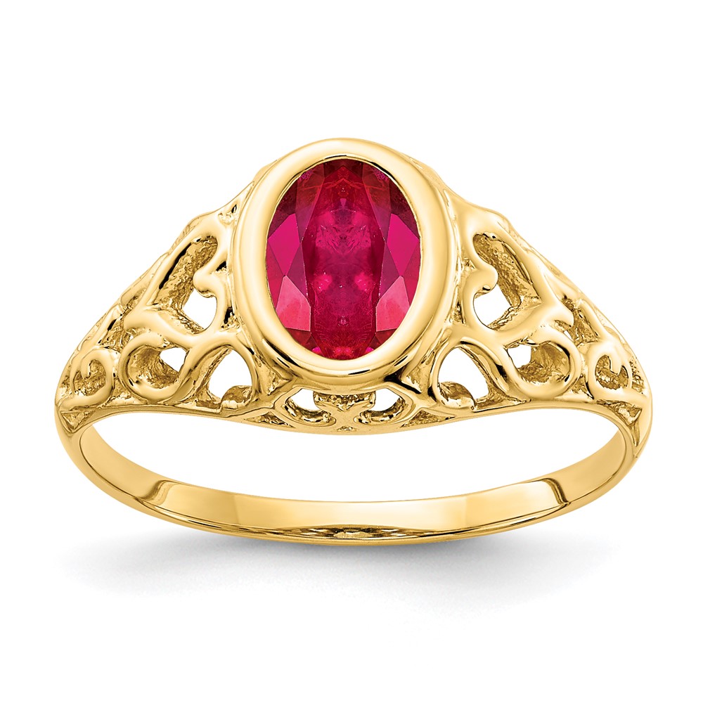 14K 7x5mm Oval Bezel Ruby Heart Filigree Ring