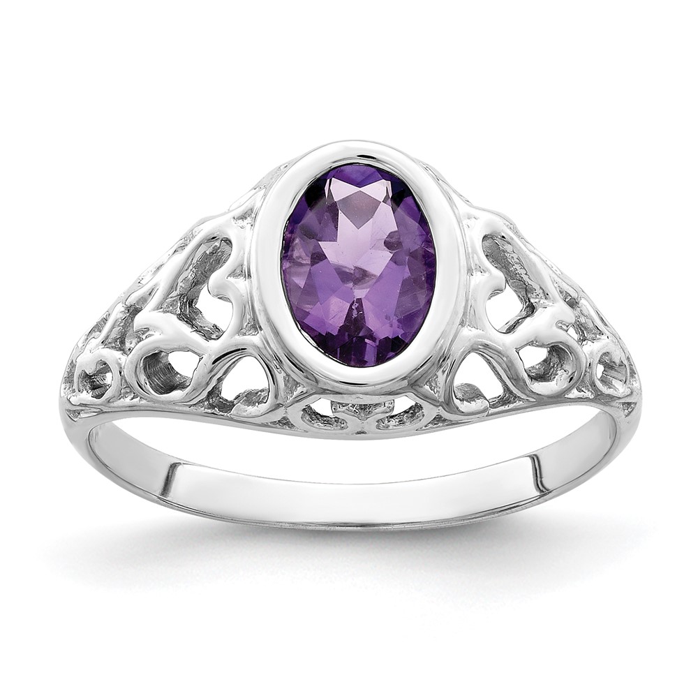 14K White Gold 7x 5mm Oval Amethyst Bezel Heart Filigree Ring