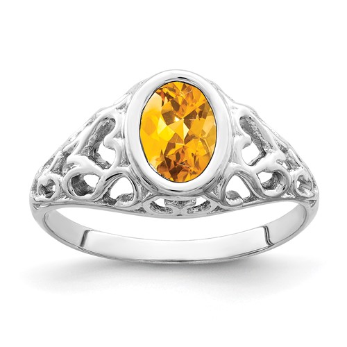 14K White Gold 7x 5mm Oval Citrine Bezel Heart Filigree Ring