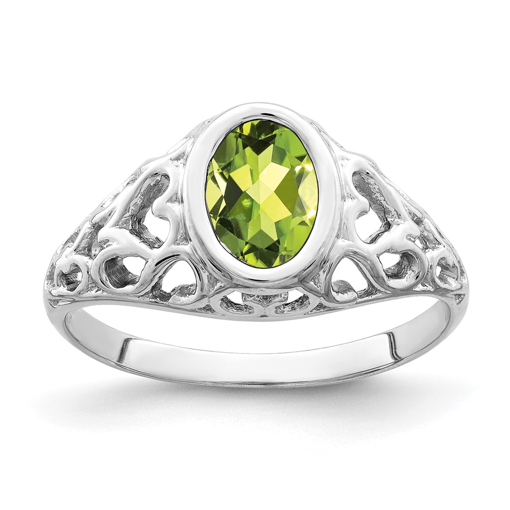 14K White Gold 7x 5mm Oval Peridot Bezel Heart Filigree Ring