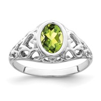 14K White Gold 7x 5mm Oval Peridot Bezel Heart Filigree Ring view 1