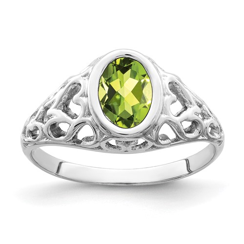 14K White Gold 7x 5mm Oval Peridot Bezel Heart Filigree Ring