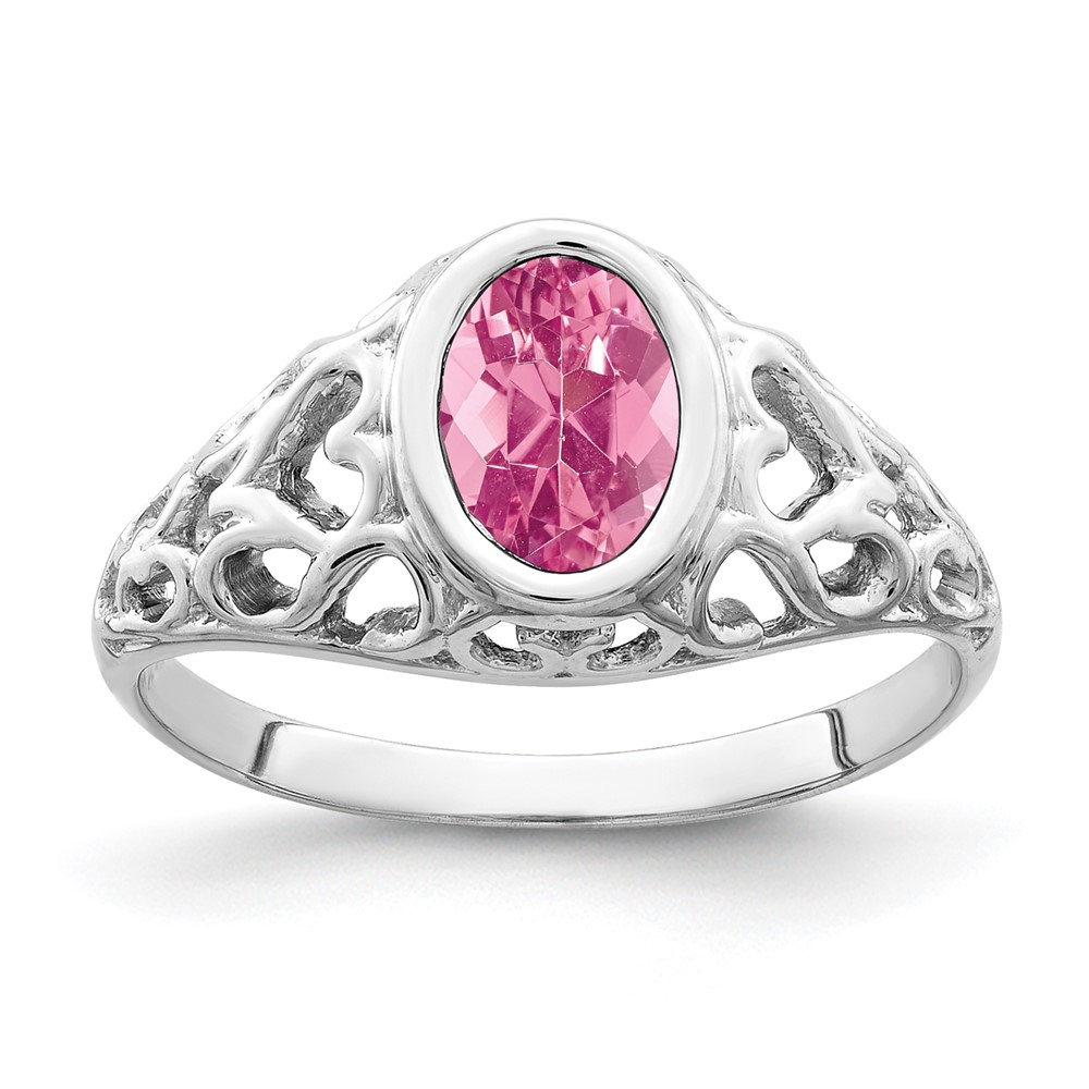 14K White Gold 7x 5mm Oval Pink Tourmaline Bezel Heart Filigree Ring