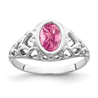 14K White Gold 7x 5mm Oval Pink Tourmaline Bezel Heart Filigree Ring view 1