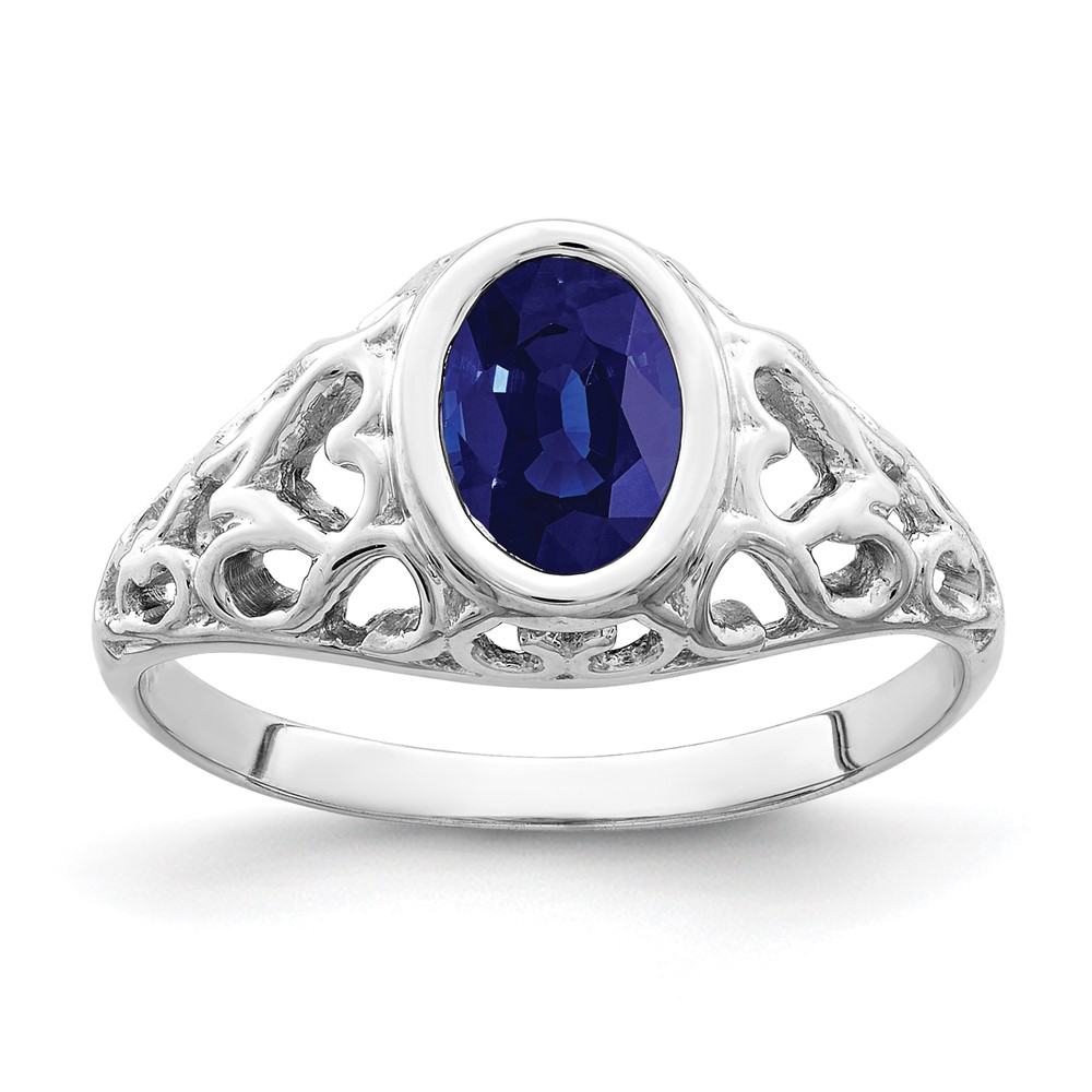 14K White Gold 7x 5mm Oval Blue Sapphire Filigree Heart Ring