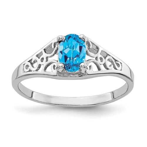 14K White Gold 6x 4mm Oval Blue Topaz Filigree Ring