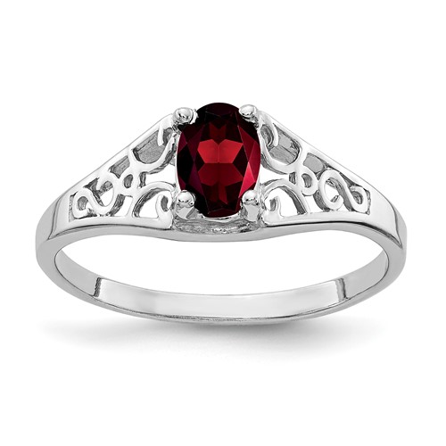 14K White Gold 6x 4mm Oval Garnet Filigree Ring