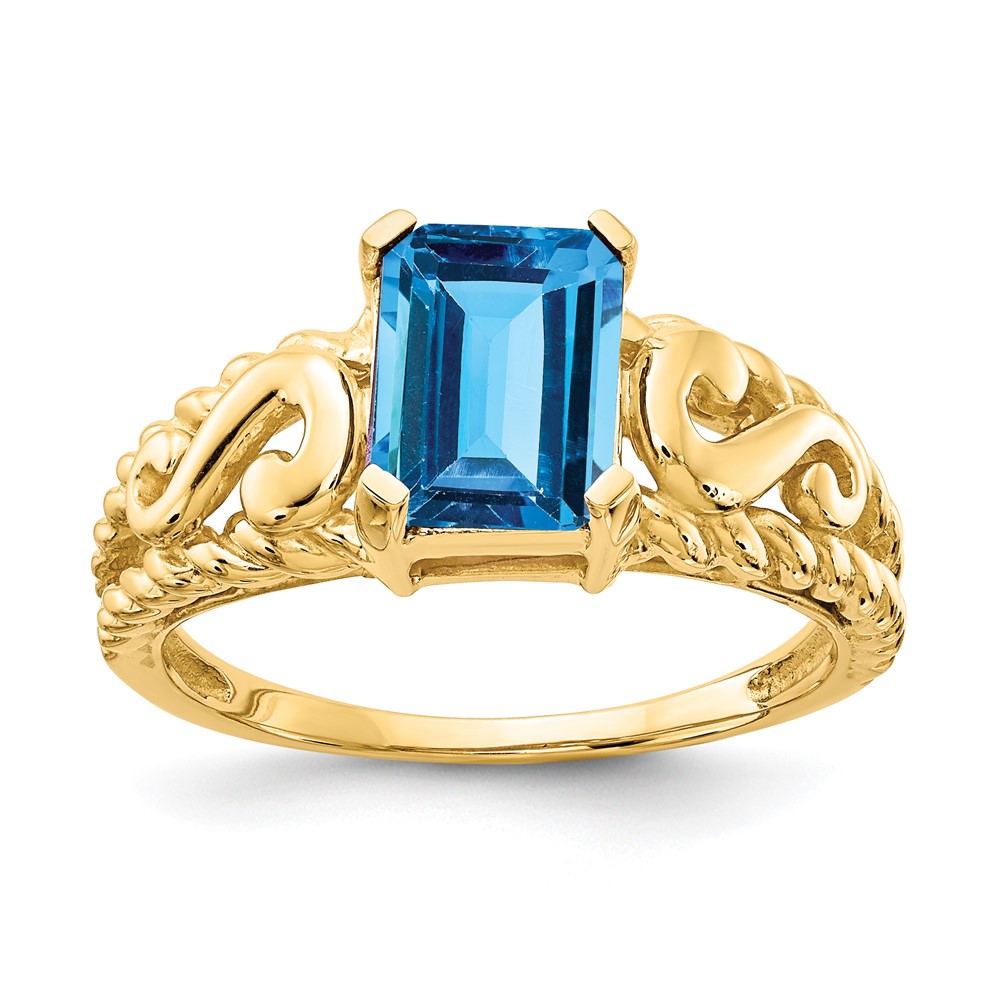 14K Yellow Gold 8x6mm Emerald-cut Blue Topaz Ring