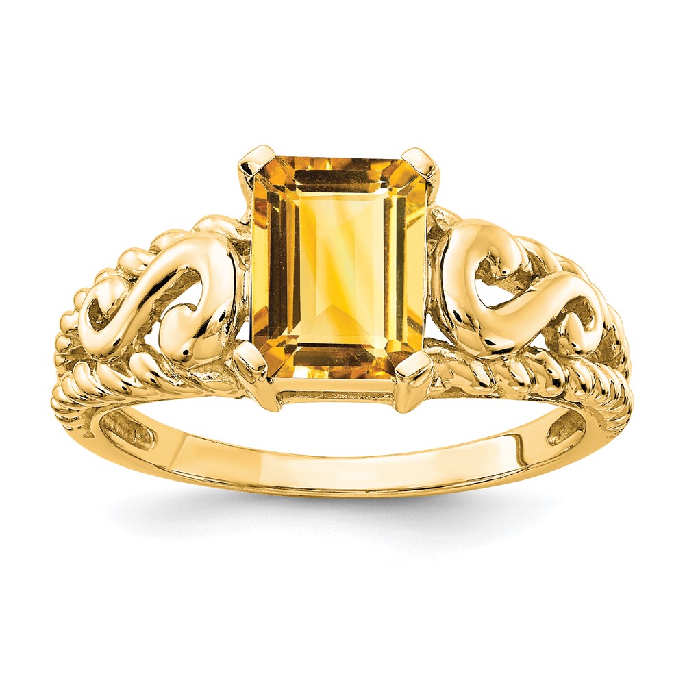 14K Yellow Gold 8x 6mm Emerald-cut Citrine Ring