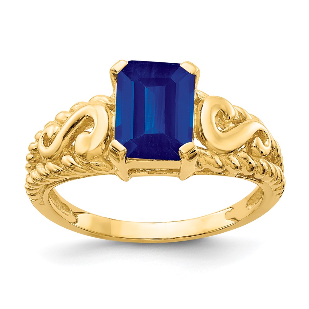 14K Yellow Gold 8x6mm Emerald-cut Blue Sapphire Ring