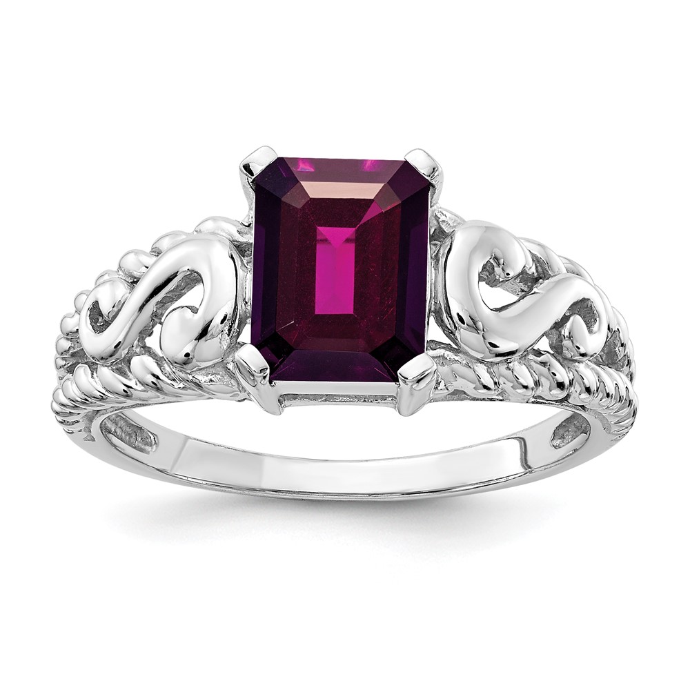 14K White Gold 8x6mm Emerald-cut Rhodolite Garnet Ring