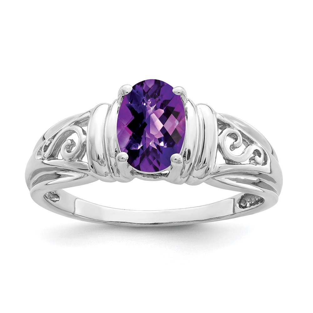 14k White Gold 7x5mm Oval Amethyst Checker ring