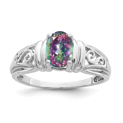 14K White Gold 7x 5mm Oval Mystic Fire Topaz Filigree Ring