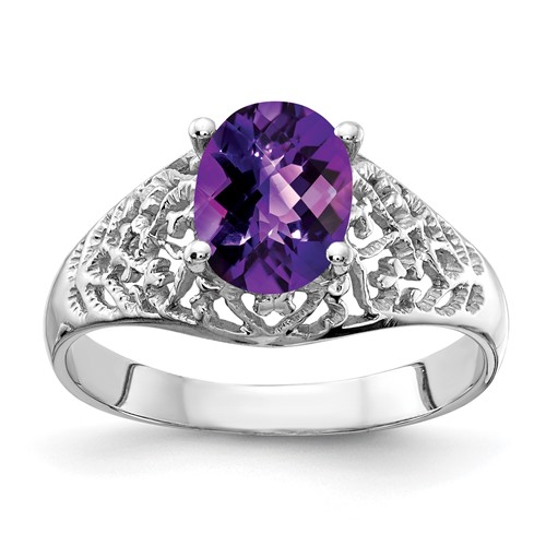 14K White Gold 8x 6mm Oval Amethyst Checker-cut Filigree Ring