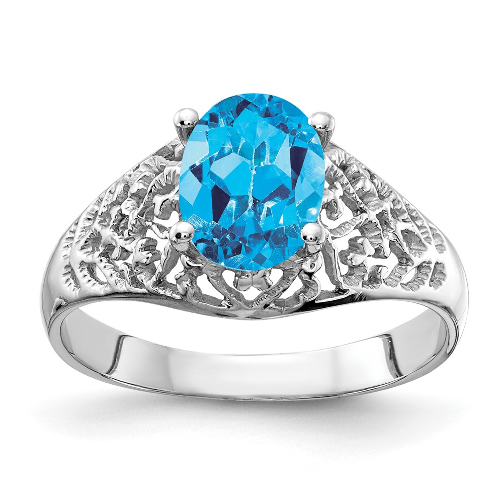 14K White Gold 8x 6mm Oval Blue Topaz Filigree Ring