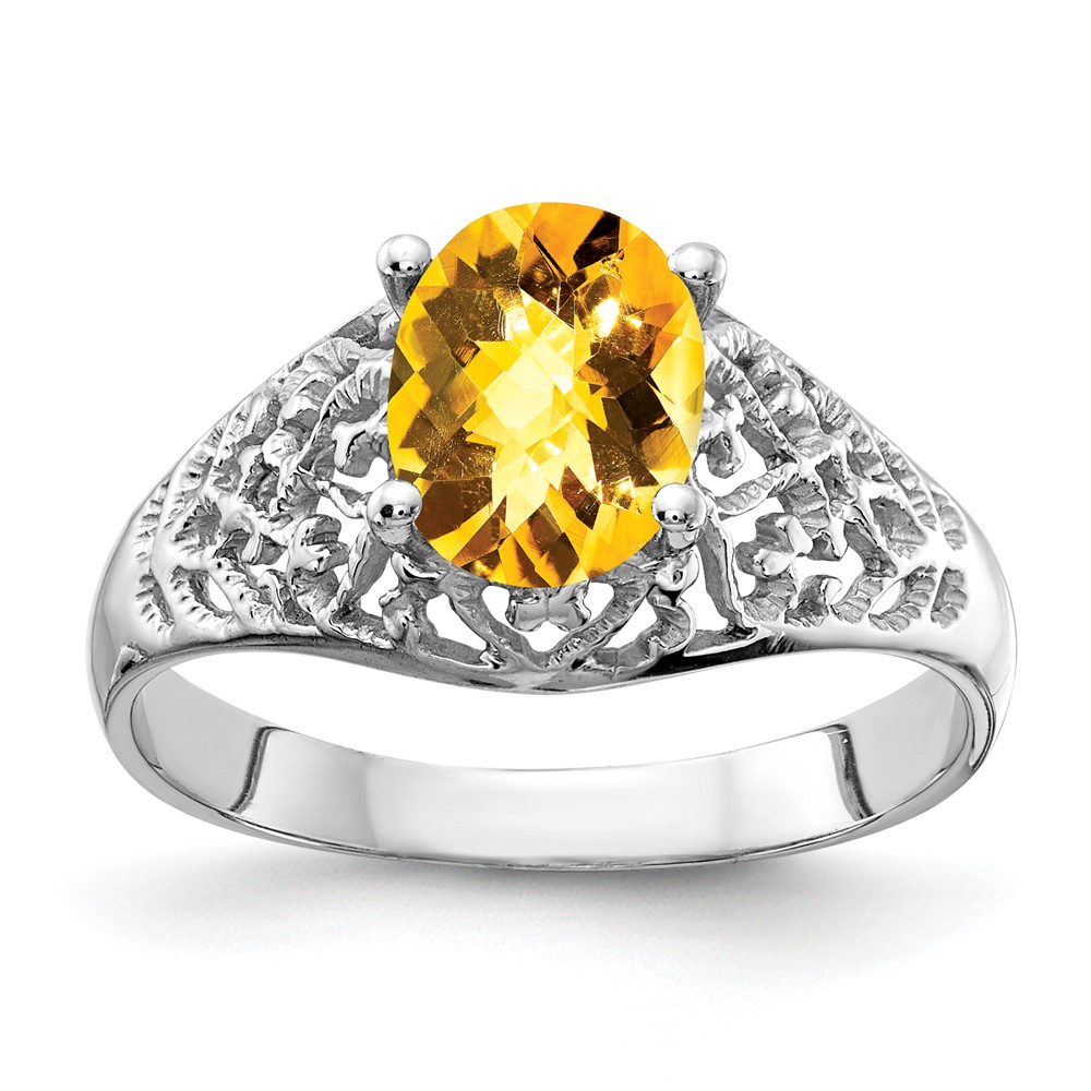 14K White Gold 8x 6mm Oval Citrine Checker-cut Filigree Ring