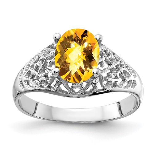 14K White Gold 8x 6mm Oval Citrine Checker-cut Filigree Ring