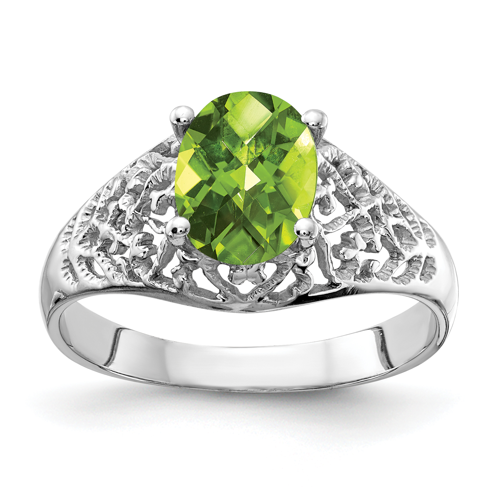 14k White Gold 8x6mm Oval Peridot Checker ring (Y4697PC)